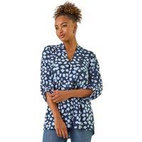 Roman Women's Spot Print V-Neck Stretch Top in Navy | Size: 14