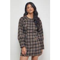 Warehouse Women's Check Structured Seam Zip Front Mini Dress in Brown | Size: 10