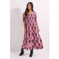 Dorothy Perkins Women's Petite Pink Floral Shirred Bodice Puff Sleeve Square Neck Midi Dress | Size: 12