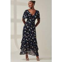 Jolie Moi Women's Angel Sleeve Tiered Hem Maxi Dress in Navy | Size: 10
