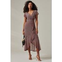 Jolie Moi Women's Geo Print Ruffle Hem Mesh Maxi Dress in Pink | Size: 20