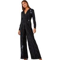 Roman Women's Embellished Wide Leg Stretch Jumpsuit in Black | Size: 16