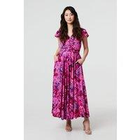 Izabel London Women's Abstract Ruched Waist Cap Sleeve Maxi Dress in Pink | Size: 12