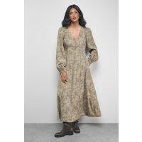 Warehouse Women's Washed Seam Detail Plunge Neck Midi Dress in Brown | Size: 12