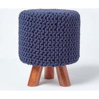 Homescapes Tall Cotton Knitted Footstool on Legs in Navy