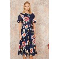 Yumi Women's Navy Mesh Floral Print Midi Dress With Angel Sleeves | Size: 14