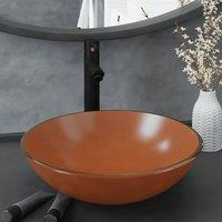 Berkfield Home Bathroom Sink with Tap & Push Drain Brown Tempered Glass