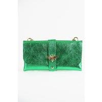 Sarta Women's Italian Leather Bee Clasp Clutch Bag - Bright Green, Metallic in Bright Green