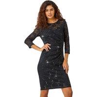 Roman Women's Sequin Lace Ruched Stretch Dress in Black | Size: 16