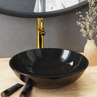 Berkfield Home Bathroom Sink with Tap & Push Drain Black Tempered Glass