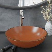 Berkfield Home Bathroom Sink with Tap & Push Drain Brown Tempered Glass