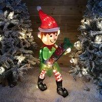Samuel Alexander 107cm Warm White LED Lit Elf Character with Present Christmas Decoration in Green & Red