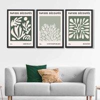 ARTZE Matisse Floral Set of 3 in Green & Sage Wall Art Prints with Black Frame. Size: A2 in Bottle Green | Size: A4