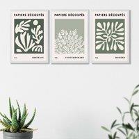 ARTZE Matisse Floral Set of 3 in Green & Sage Wall Art Prints with White Frame. Size: A3 in Bottle Green | Size: A4