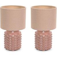 ValueLights Asha Pair of Ceramic Pink Geometric Table Lamps with Drum Lamp Shades in Natural