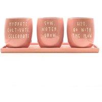 Upper Street Home Set Of 3 Ceramic Flower Pots On Tray, Pink Slogan Design Planters, Plant Pot Display, Indoor Plant Containers in Baby Pink