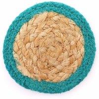 KDMD Natural Coaster - Jute & Cotton 10cm (set of 4) - Teal Boarder in Blue