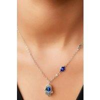 The Colourful Aura Half Evil Eye Cross Hamsa Charm Pendant Choker Protection Necklace in Silver | Size: 16 inches