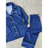 Lulabay Personalised Satin Long Pyjamas in Navy | Size: 5-6 Years