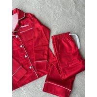 Lulabay Personalised Satin Long Pyjamas in Red | Size: 5-6 Years
