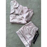Lulabay Personalised Satin Short Pyjamas in Light Pink | Size: 3-4 Years
