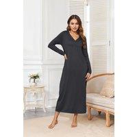 MODISHION Women's Long Sleeve V-neck Nightdress With Pockets in Grey | Size: 2XL