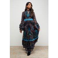 Oasis Women's Placement Print Lace Detail High Neck Maxi Smock Dress in Teal | Size: 10