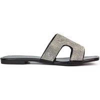 XY London Women's 'Jamie' Diamante Flat Slip On Sparkly Slider Sandals in True Black | Size: 3