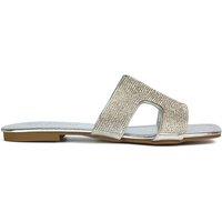 XY London Women's 'Jamie' Diamante Flat Slip On Sparkly Slider Sandals in Metallic Silver | Size: 3