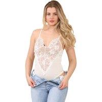 ELAINA FASHION Women's Lace Front Bodysuit Sheer V-Neck Sleeveless Top in Ivory | Size: 12