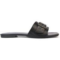 XY London Women's 'Inez' Square Toe Slip On Strappy Flat Sandals With Buckle in Black | Size: 3
