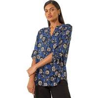 Roman Women's Floral Puff Print Stretch Shirt in Blue | Size: 20