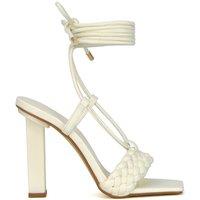 XY London Women's 'Mira' Woven Strap Lace Up Strappy Block Square Toe Heels in White | Size: 7