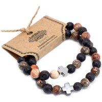 KDMD Women's Set of 2 Gemstones Friendship Bracelets - Eternity - Leopard Skin Jasper & Lava Stone