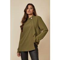 HOXTON GAL Women's Oversized Brooch Detailed Long Sleeves Top in Khaki | Size: 16-18