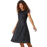 Roman Women's Sequin Fluted Hem Lace Stretch Dress in Black | Size: 20