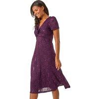 Roman Women's Sequin Lace Twist Front Midi Dress in Purple | Size: 20