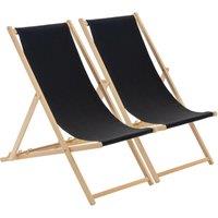 Harbour Housewares 2x Traditional Wooden Deck Chairs - Folding Garden Beach Lounge Chair in Black