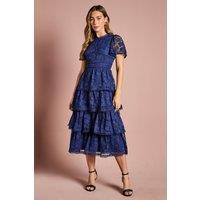 Coast Women's Petite Tiered Lace Dress With Flutter Sleeve & Trims in Navy | Size: 8
