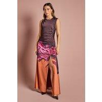 Coast Women's Ruched Detail Placement Print Satin Midi Dress in Orange | Size: 12