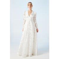 Coast Women's Plunge Neck Organza Jacquard Blouson Sleeve Wedding Dress in Ivory | Size: 12