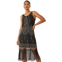 Roman Women's Sequin Fringe Detail Midi Dress in Black | Size: 12