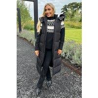 AX Paris Women's Black Faux Fur Hooded Longline Padded Gilet | Size: 8