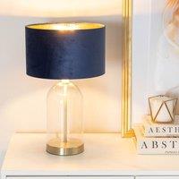 ValueLights Jessy Glass with Gold Trim Table Lamp with Velvet Drum with Gold Shade & Bulb in Dark Navy