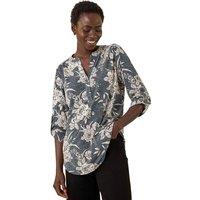 Roman Women's Floral Puff Print Stretch Shirt in Grey | Size: 14