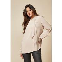 HOXTON GAL Women's Oversized Brooch Detailed Long Sleeves Top in Beige | Size: 12-14