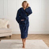 OHS Ribbed Fleece Dressing Gown Loungewear Bathrobe in Dark Navy