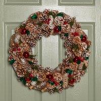 Samuel Alexander 50cm Hanging Christmas YuleFest Wreath with Red Baubles & Snow Tipped Pine Cones