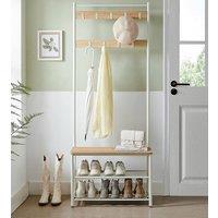 VASAGLE Hallway Coat Rack with Bench Shoe Rack & Metal Frame in White