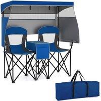 Gymax Double Folding Camping Chair Portable Loveseat With Large Canopy in Navy